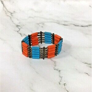 Boho Multi Strand Stretch Bracelet Blue Orange Beaded Womens